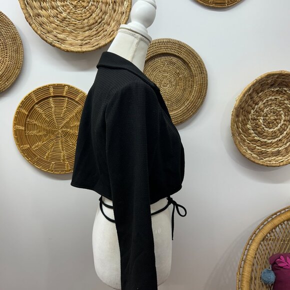 Zara Neutral Black V-Neck Knit Collared Tie Wrap Around Top Shirt Large - Picture 2 of 7